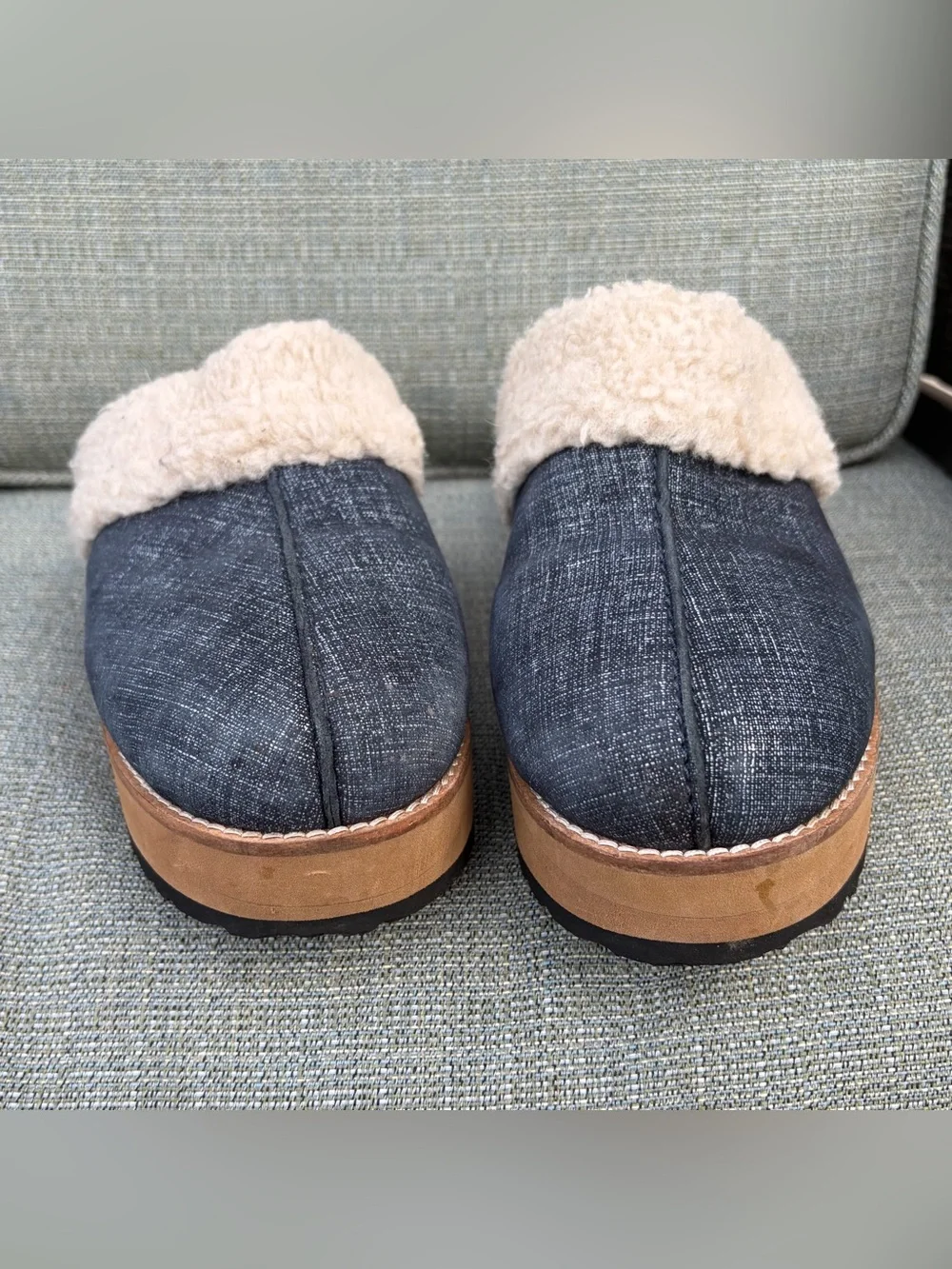 Seychelles Platform Mules Clogs Denim Plush Shearling Size 6 Wedge Cozy